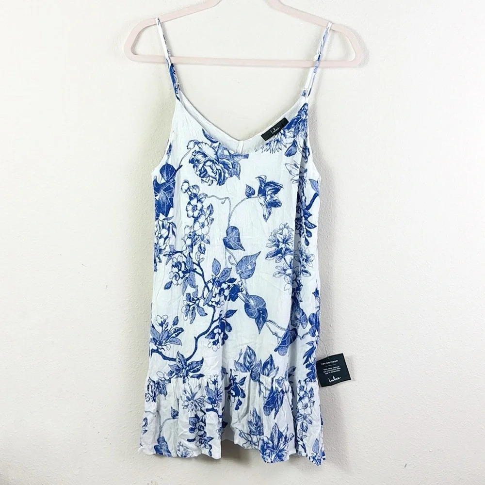 NWT Lulus Garden Bloom Blue and White Floral Print Ruffled Shift Dress sz Medium - Picture 5 of 15